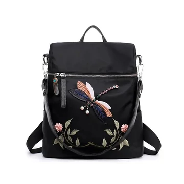 Női hátizsák szitakötő mintával lopásgátlós főrekesszel fekete aa-000096