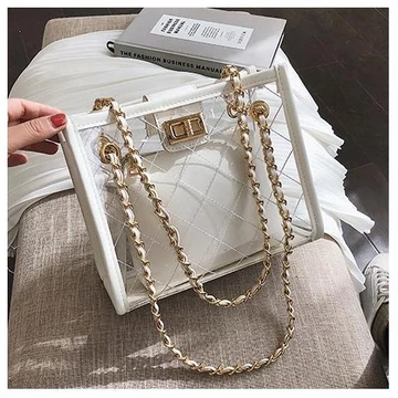 Átlátszó női partytáska, fehér belső zsebbel, arany lánc pánttal aa-001396