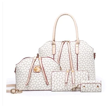 Női táska szett mintás kézi táska, neszeszer, pénztárca, kulcstartó fehér-piros aa-001250