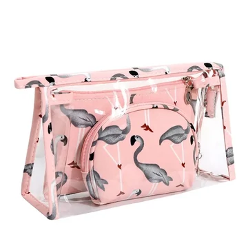Átlátszó, 3in1 kozmetikai táska, flamingó mintás világosrózsaszín aa-002007