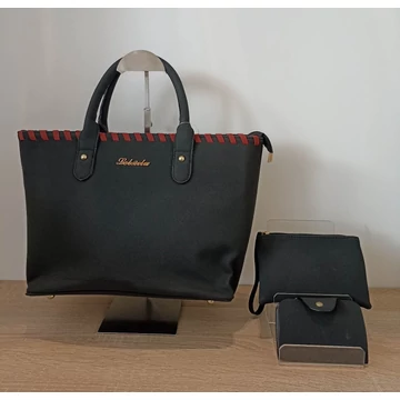 Női táska szett 3in1 nagy válltáska, neszeszer, kulcstartó fekete aa-001829