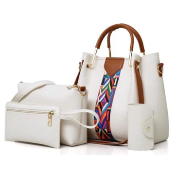 Női táska szett kézi táska színes sávdísszel, neszeszer, kulcstartó, fehér aa-001253