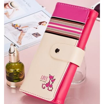 Botusi női nagy pénztárca csíkos-cicás ciklámen+bézs aa-001356