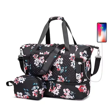 London közepes méretű, bővíthető, alsó cipőtartós sporttáska + neszezser fekete virágminta aa-002870