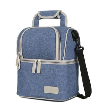 L&D CB004 Két rekeszes nagy thermo uzsonnatáska oldaltáska zsebekkel kék aa-002404