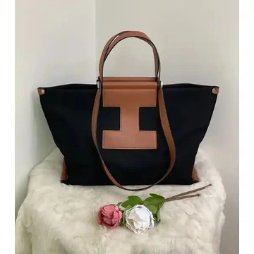 Sophia nagy méretű női vászon válltáska textilbőr díszítéssel fekete-barna aa-002042