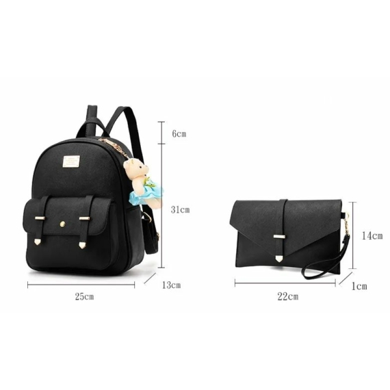 Divatos női hátizsák + kistáska és kulcstartó négyzetes dísszel fekete aa-001162