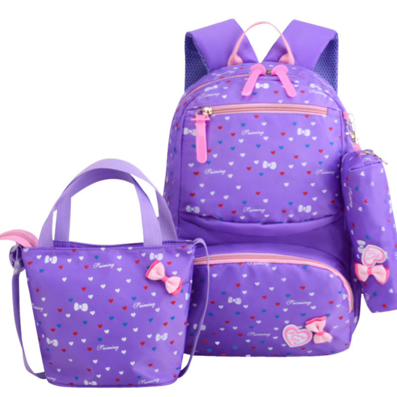 Gyermek hátizsák 3in1 szett, színes szivecske mintás alul díszlogóval lila aa-000144